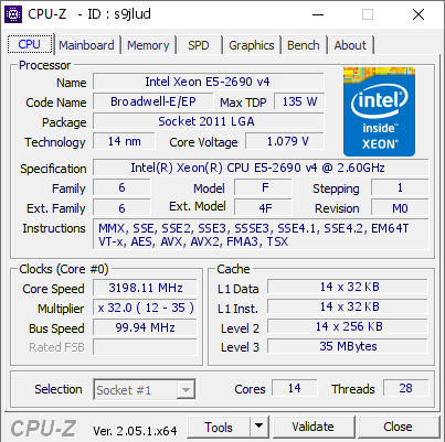 CPU-Z로 확인한 E5-2690 V4 성능